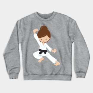 Karate Girl, Cute Girl, Black Belt, Brown Hair Crewneck Sweatshirt